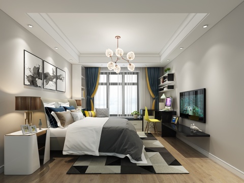  现代卧室 床 装饰画吊灯 窗帘 书桌3d模型 
