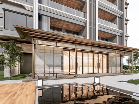 小区单元门入口 住宅楼大门入口 小区入户门 单元门花池树池su模型