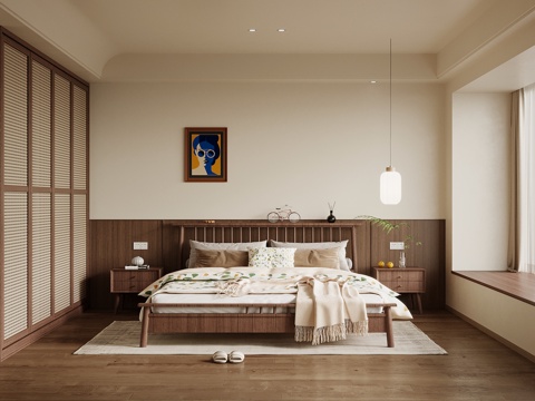 中古风卧室 双人床 床头柜su模型