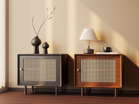  法式复古床头柜 中古床头柜 藤编床头柜3d模型 