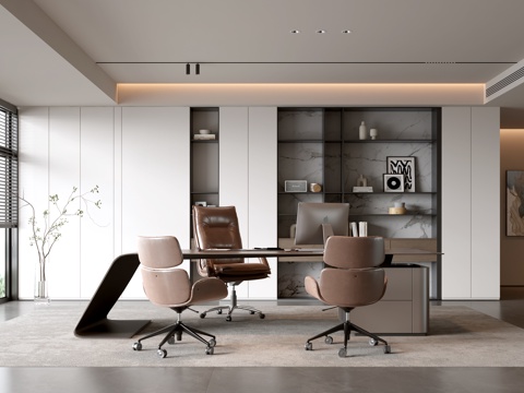 现代办公室 现代书房 办公桌椅组合 装饰组合柜 现代书柜su模型