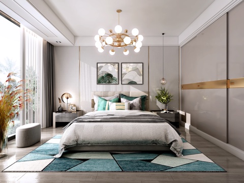  北欧绿色调卧室3d模型 