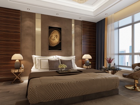  现代现在卧室 主卧室 木饰面 软包背景 现代休闲桌椅3d模型 