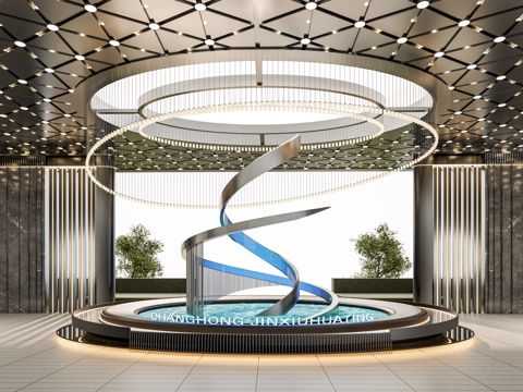 小区住宅大门入口 喷泉水景 异形吊灯 金属雕塑 售楼处景观su模型