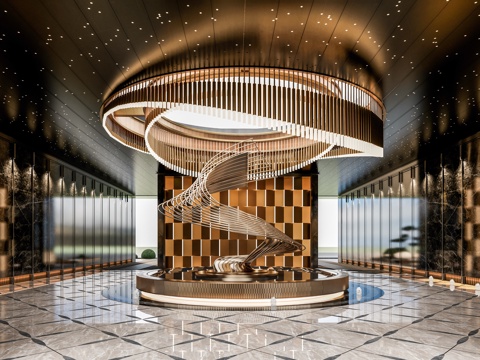 小区住宅大门入口 喷泉水景 异形吊灯 金属雕塑 售楼处景观su模型