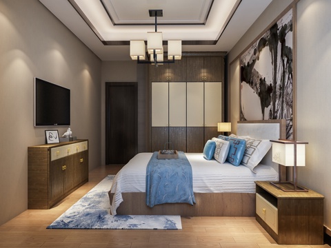  新中式次卧 衣柜 双人床 床头柜 电视柜3d模型 