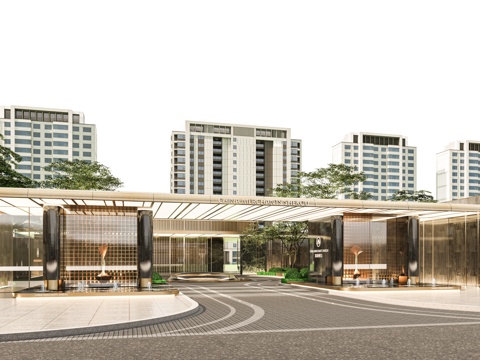 小区住宅大门入口 小区入户门 酒店式门楼 售楼处景观大门 喷su模型