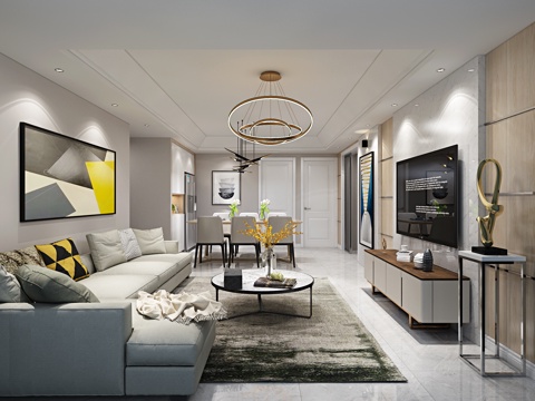  现代客餐厅 沙发茶几组合 餐桌 电视柜 装饰品 吊灯3d模型 