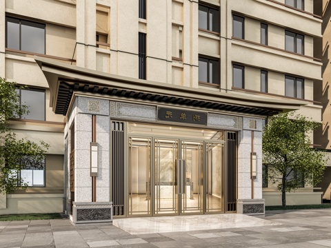 小区单元门入口 住宅楼大门入口 小区入户门 单元门花池树池su模型