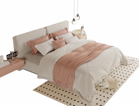 现代单人床 地毯su模型