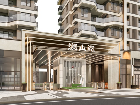 小区住宅大门入口 小区入户门 酒店式门楼 售楼处景观大门 喷su模型