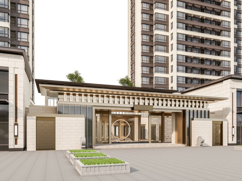 小区住宅大门入口 小区入户门 酒店式门楼 售楼处景观大门 喷su模型