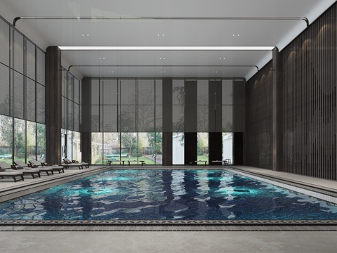  新中式会所游泳池3d模型 