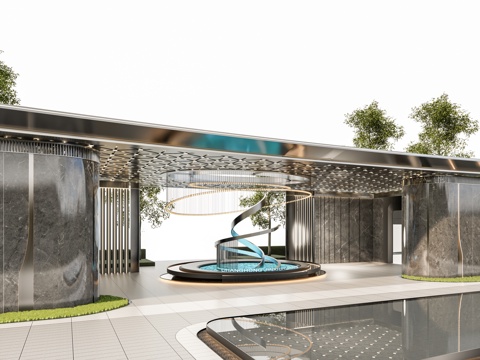 小区住宅大门入口 小区入户门 酒店式门楼 售楼处景观大门 喷su模型