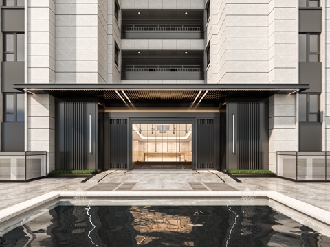 小区单元门入口 住宅楼大门入口 小区入户门 单元门花池树池su模型