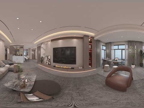  现代客餐厅 无主灯 电视背景墙 隔断柜 茶桌 装饰画 摆件 