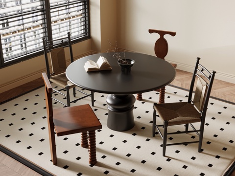 法式复古风餐桌椅 圆形餐桌椅su模型