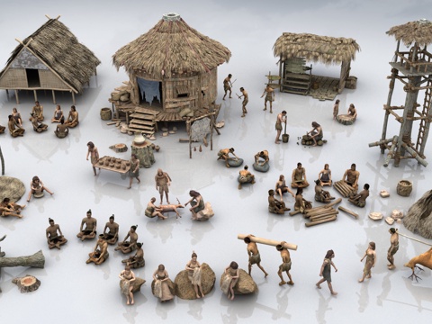 古代原始人人物组合 原始部落 原始人茅草屋 劳作原始人 木头su模型