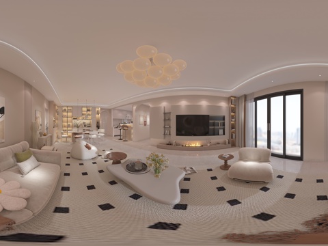  奶油风客餐厅 电视沙发背景墙 吧台 餐厅 厨房 酒柜 