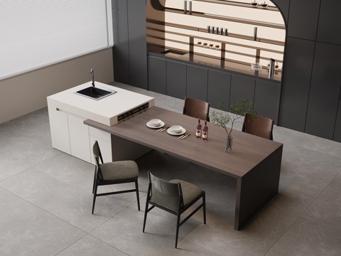 现代意式吧台 岛台 餐桌椅su模型