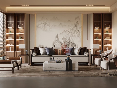 新中式客厅 沙发茶几组合 沙发背景墙su模型