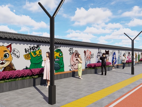 现代街道墙体彩绘 哪吒魔童闹海墙绘 网红打卡墙 墙绘墙画su模型