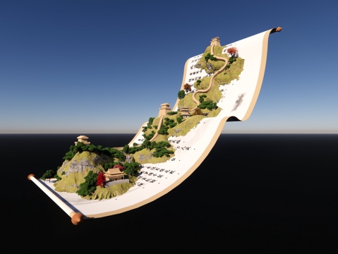 卷轴 长城 空中画卷 大山su模型