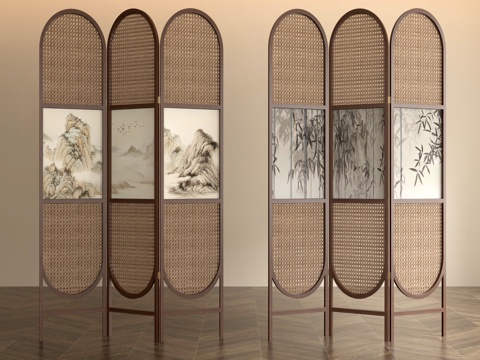  藤编屏风山水竹子风景隔断3d模型 