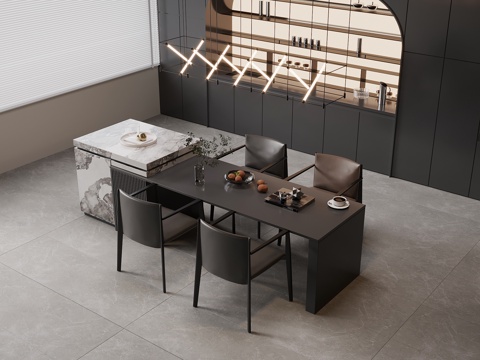 现代意式岛台 餐桌椅su模型