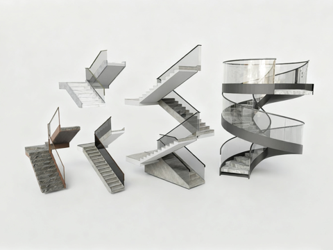 现代玻璃栏杆楼梯 旋转楼梯 悬浮式楼梯 超白玻栏杆su模型