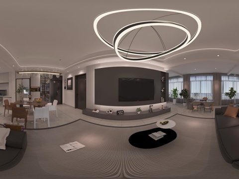  现代黑白灰客餐厅 电视背景墙 阳台 餐厅 厨房 酒柜 冰箱柜 