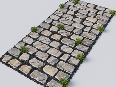 现代汀步 弹石路面 老石板 中式汀步 石板路 游步道 景观园su模型