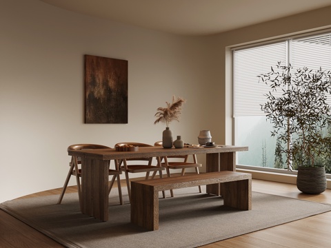 侘寂风餐桌椅 实木餐桌su模型