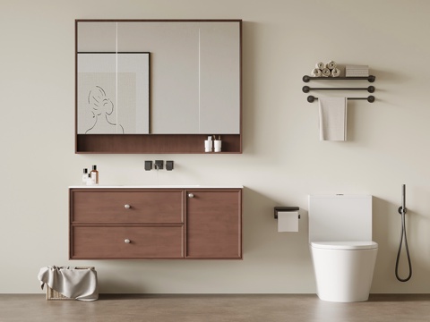 中古风浴室柜 卫浴摆件 马桶 毛巾架su模型