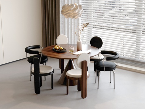 中古风餐桌椅 圆形餐桌椅su模型