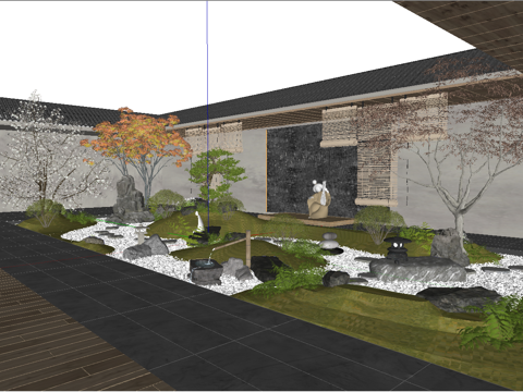 日式中庭枯山水庭院景观 石头假山 禅意庭院小品 景观树su模型