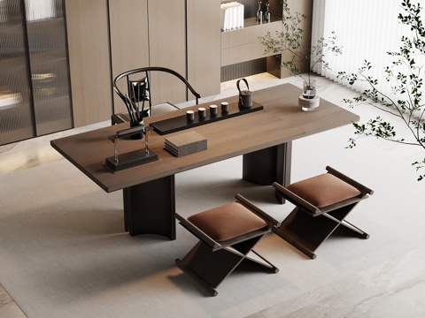 现代茶桌椅 茶台 茶具su模型