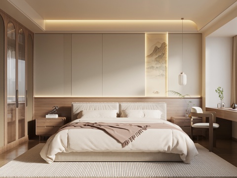  中古风卧室 双人床 床头柜 衣柜3d模型 