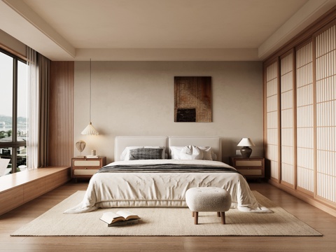 中古风卧室 双人床 衣柜su模型