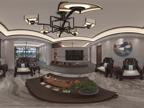  新中式客餐厅 悬空电视背景墙 沙发背景墙 阳台 装饰画 