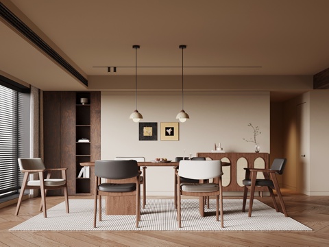 中古风餐厅 餐桌椅 餐边柜su模型