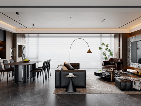  现代意式客餐厅 沙发茶几 餐桌椅 电视背景墙 餐边柜3d模型 