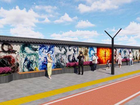 现代街道墙体彩绘 哪吒魔童闹海墙绘 网红打卡墙 墙绘墙画su模型