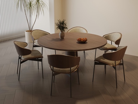 现代中古风餐桌椅 圆桌su模型