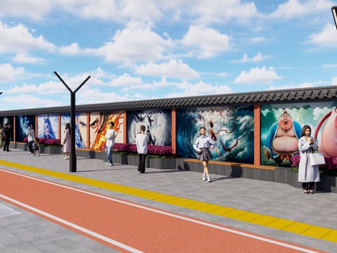 现代街道墙体彩绘 哪吒魔童闹海墙绘 网红打卡墙 墙绘墙画su模型