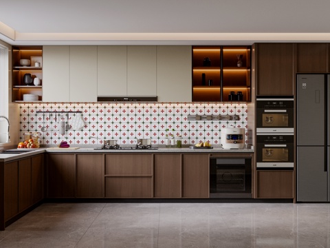 中古风厨房 橱柜组合 吊柜 水槽 冰箱 灶台 油烟机su模型