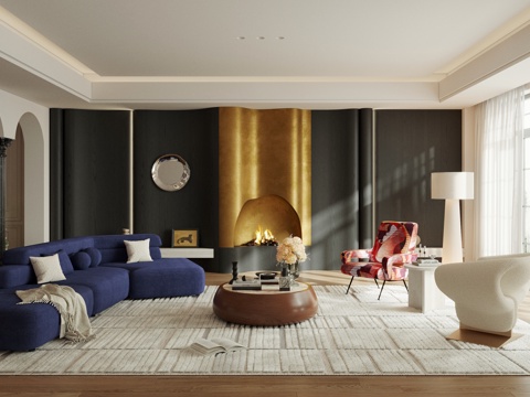  意式轻奢风客厅 横厅 大平层 现代轻奢客厅3d模型 