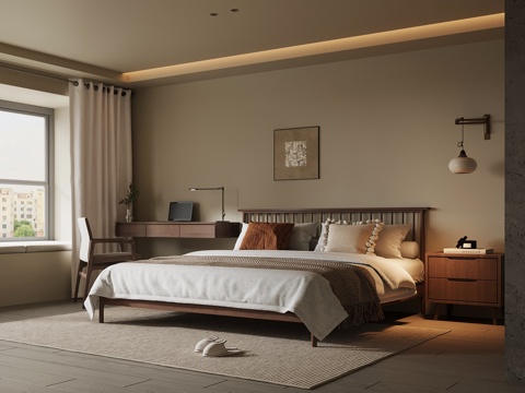 现代中古风卧室 双人床 书桌椅3d模型