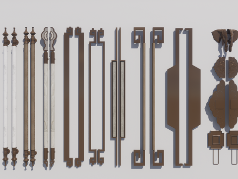 新中式金属大门把手 拉手su模型