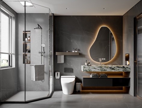  现代简约卫生间 卫浴柜 卫浴用品 花洒马桶 干湿分离卫生间3d模型 